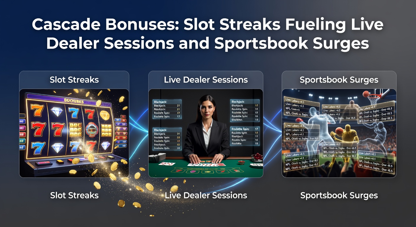 Vibrant slot machine reels cascading with winning symbols, transitioning into live dealer tables and sportsbook odds displays