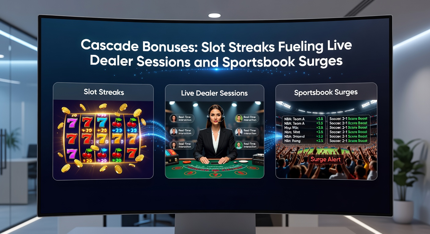 Dynamic split-screen showing slot cascades exploding into live dealer roulette wheel spins and sportsbook live odds updating in real-time
