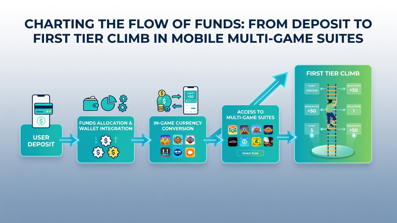 Flowchart illustration of funds moving from deposit through bonuses to VIP tier climb in mobile casino apps