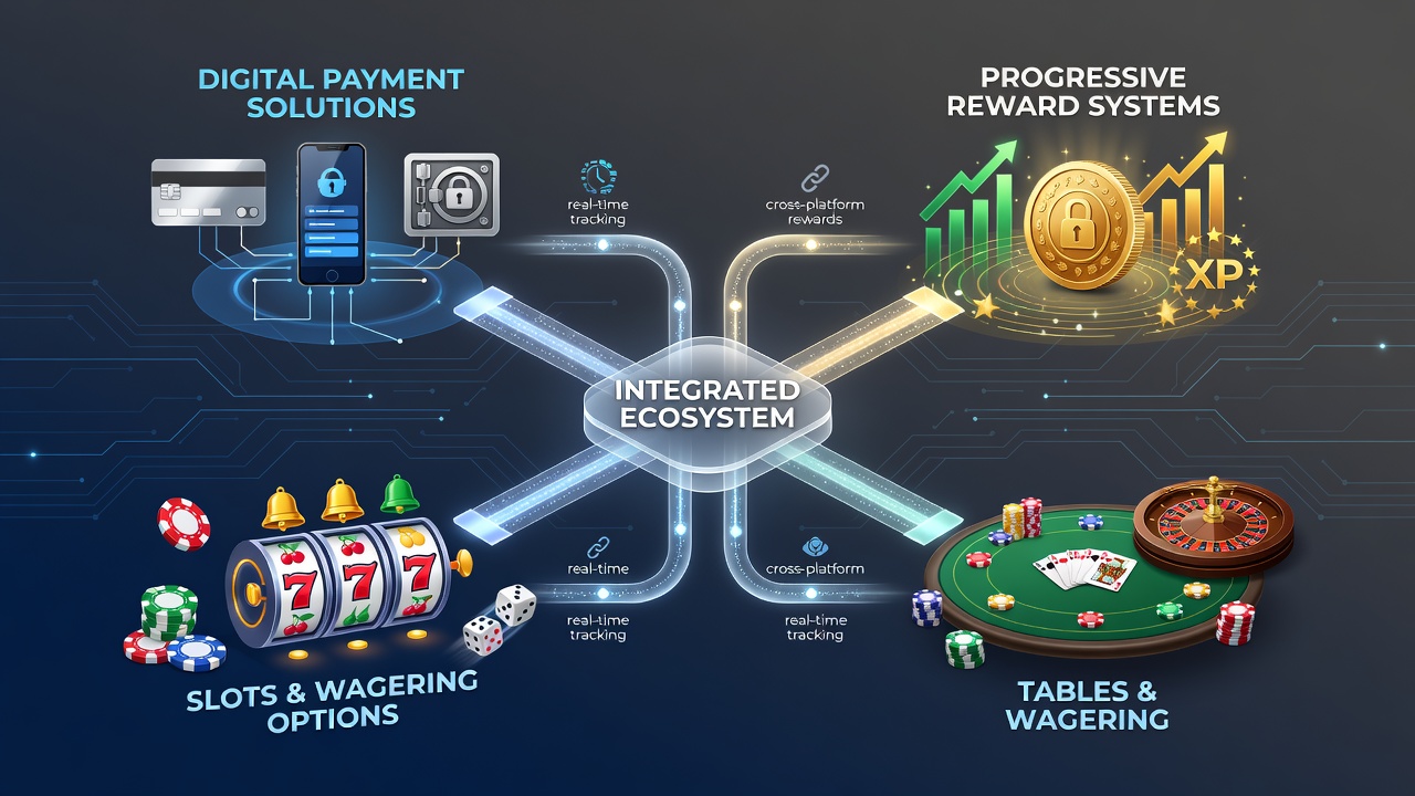 Digital payment interfaces connecting to casino reward dashboards across multiple game types