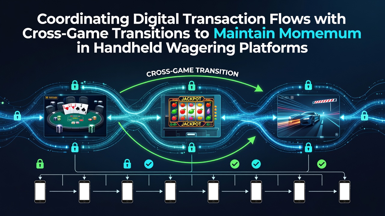 Mobile wagering interface showing seamless game transitions and transaction status indicators on a handheld device