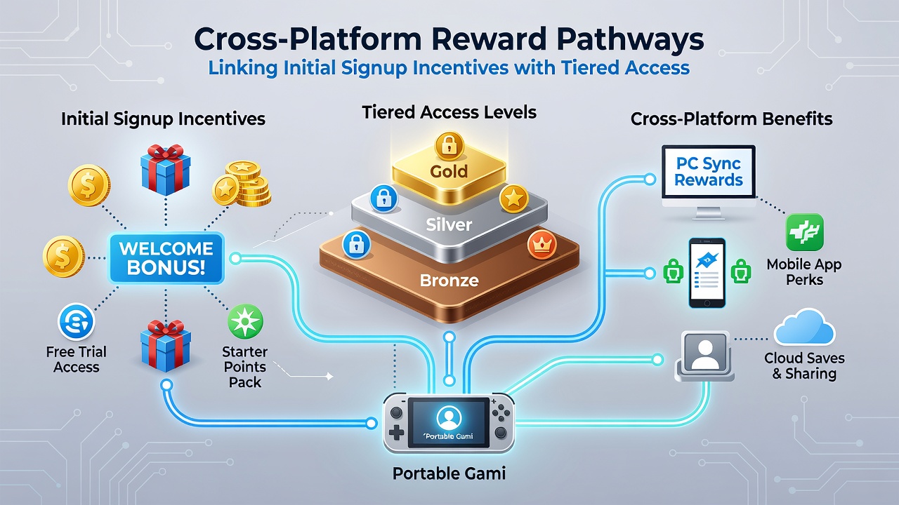 Cross-platform mobile game dashboard displaying tiered rewards and signup bonus integration
