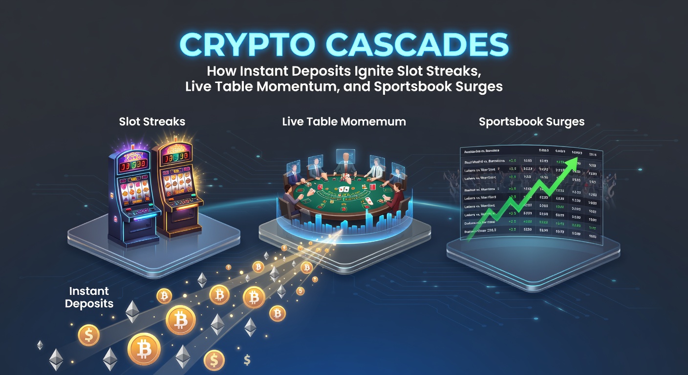 Digital crypto wallet interface showing instant deposit confirmation on a vibrant casino app screen, with slot reels spinning in the background