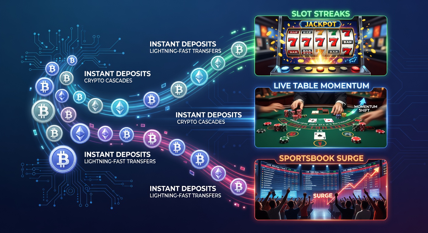 Animated graphic of cryptocurrency icons cascading into slot machines, live blackjack tables, and sportsbook odds boards, illustrating seamless fund flows