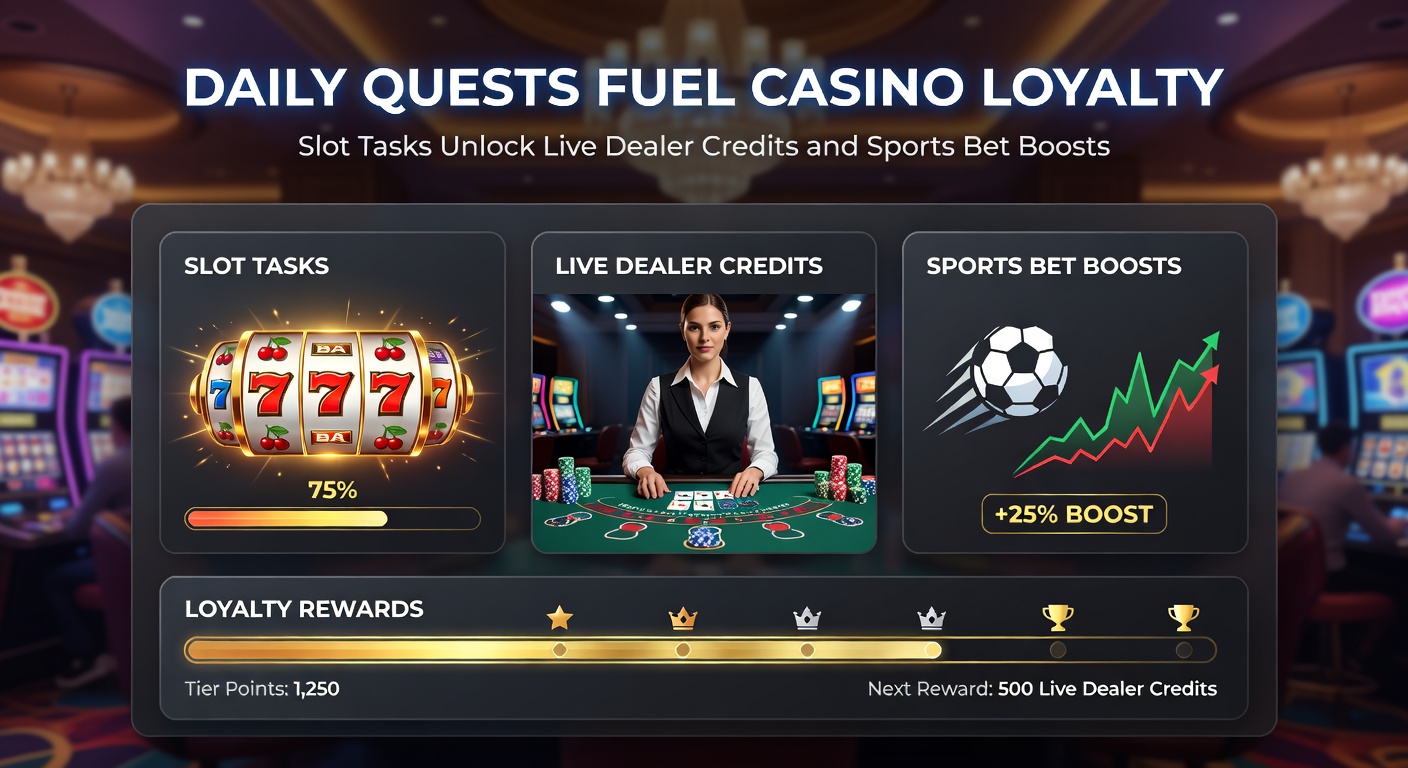 Vibrant mobile casino screen showing daily slot quest progress bar filling up with rewards for live dealer and sports bets