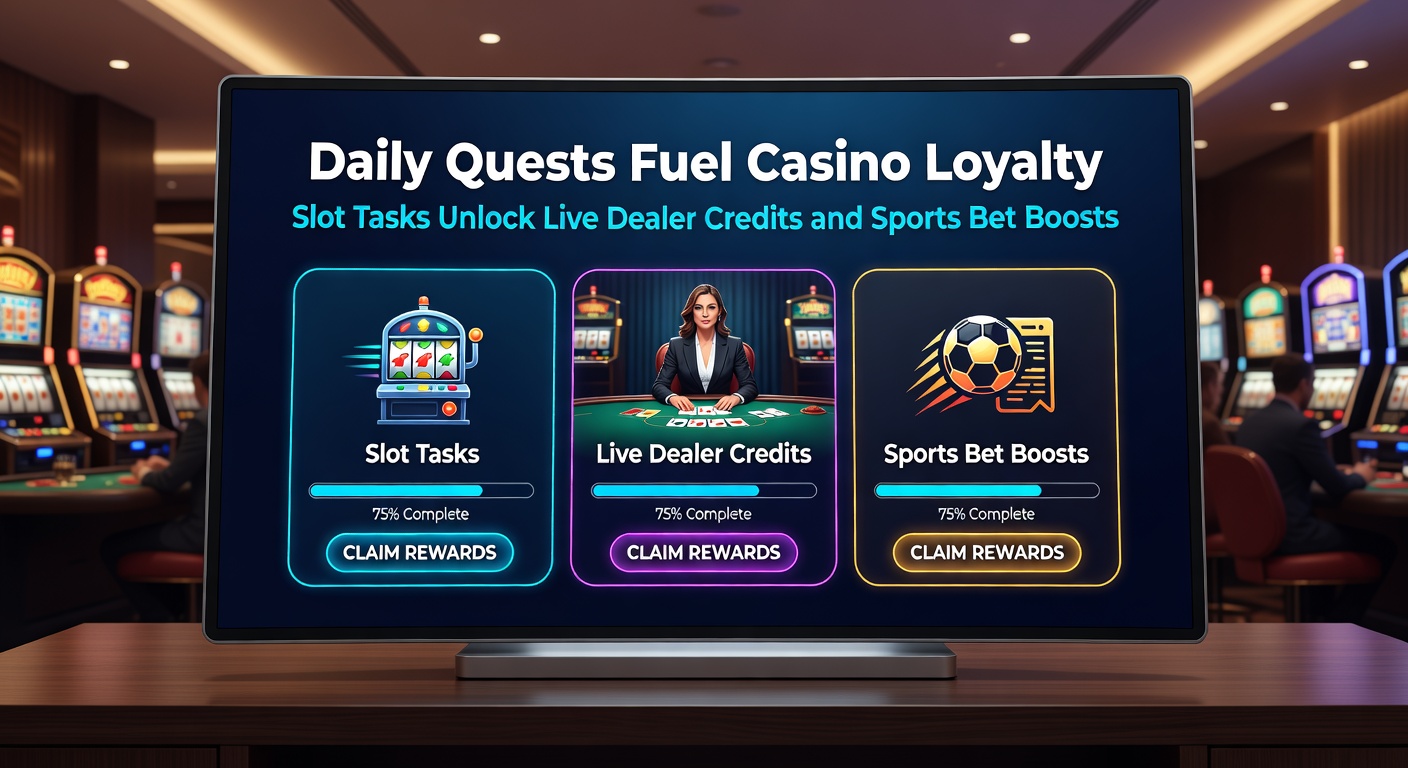 Casino loyalty dashboard displaying unlocked rewards from slot quests, including live dealer credits and sports bet multipliers on a sleek app interface