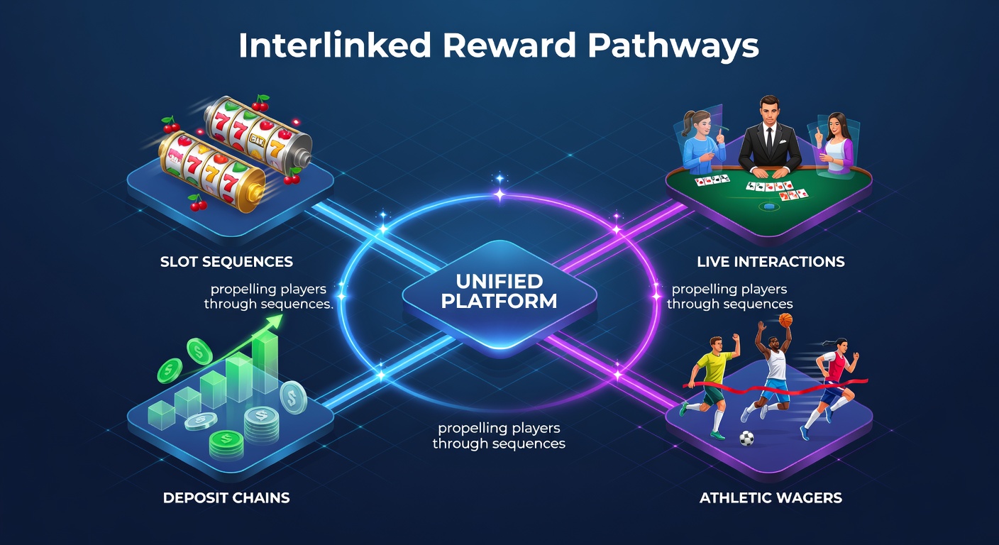 Visual representation of deposit chains linking slot sequences to live dealer tables and sports wagers on a unified gaming platform