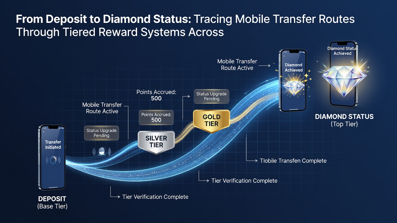 Illustration of VIP tier progression with mobile transfers linking slots, live dealer, and sportsbook rewards