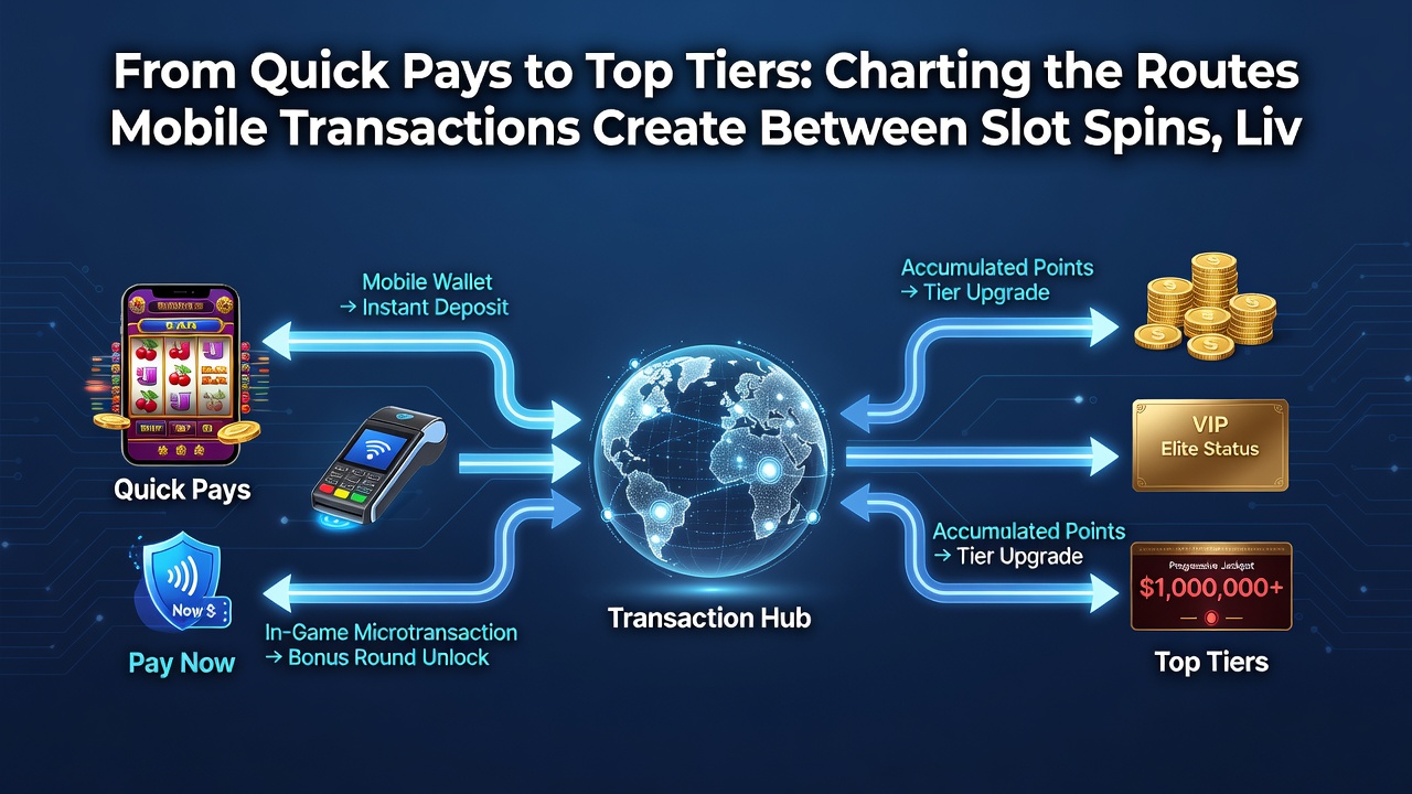 Infographic illustrating transaction flows from mobile slots through live tables into sports markets and resulting VIP tier advancements