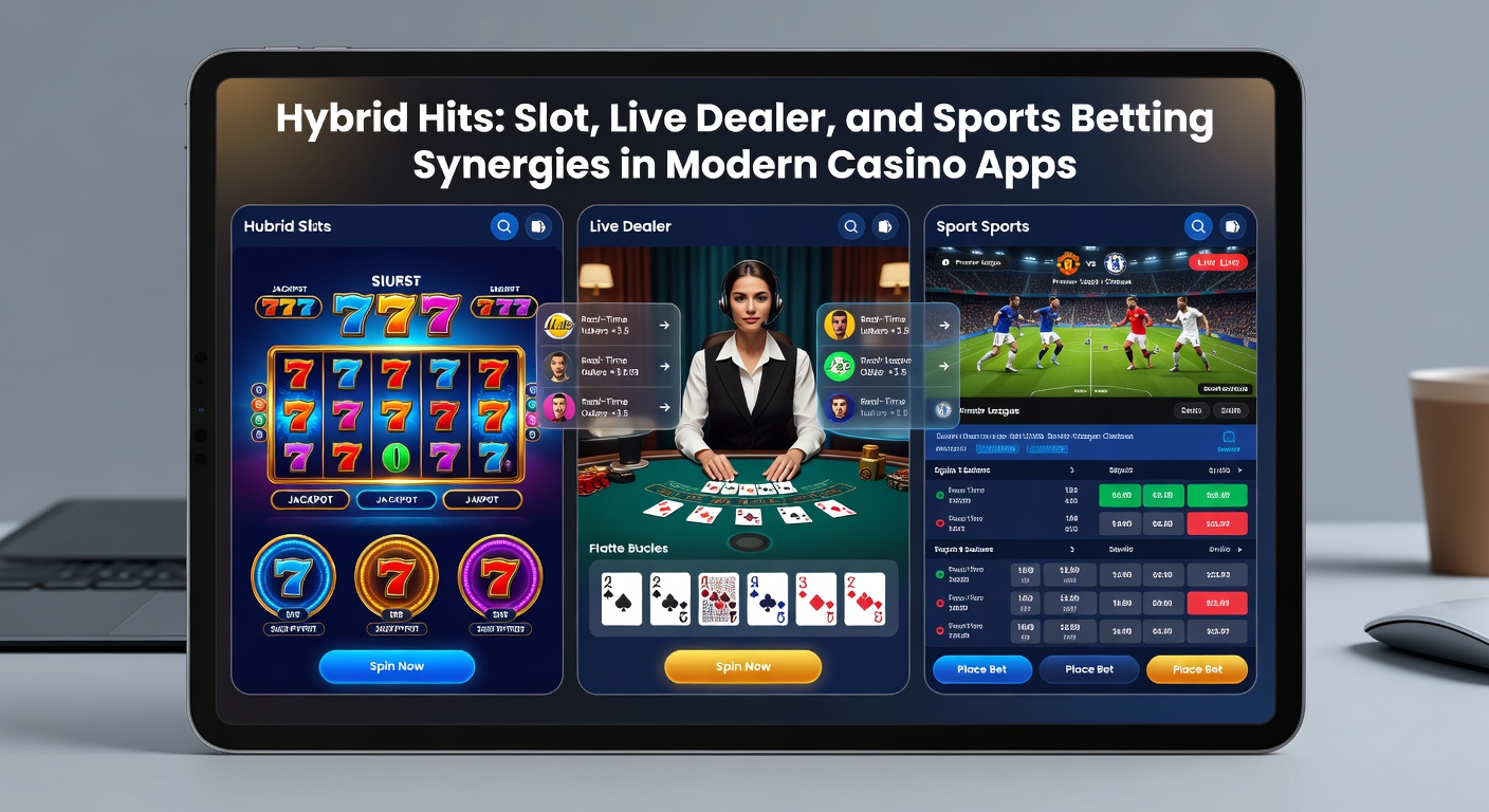 Infographic illustrating bonus flow from slot machine wins to live dealer table and sports betting parlay on a casino app interface