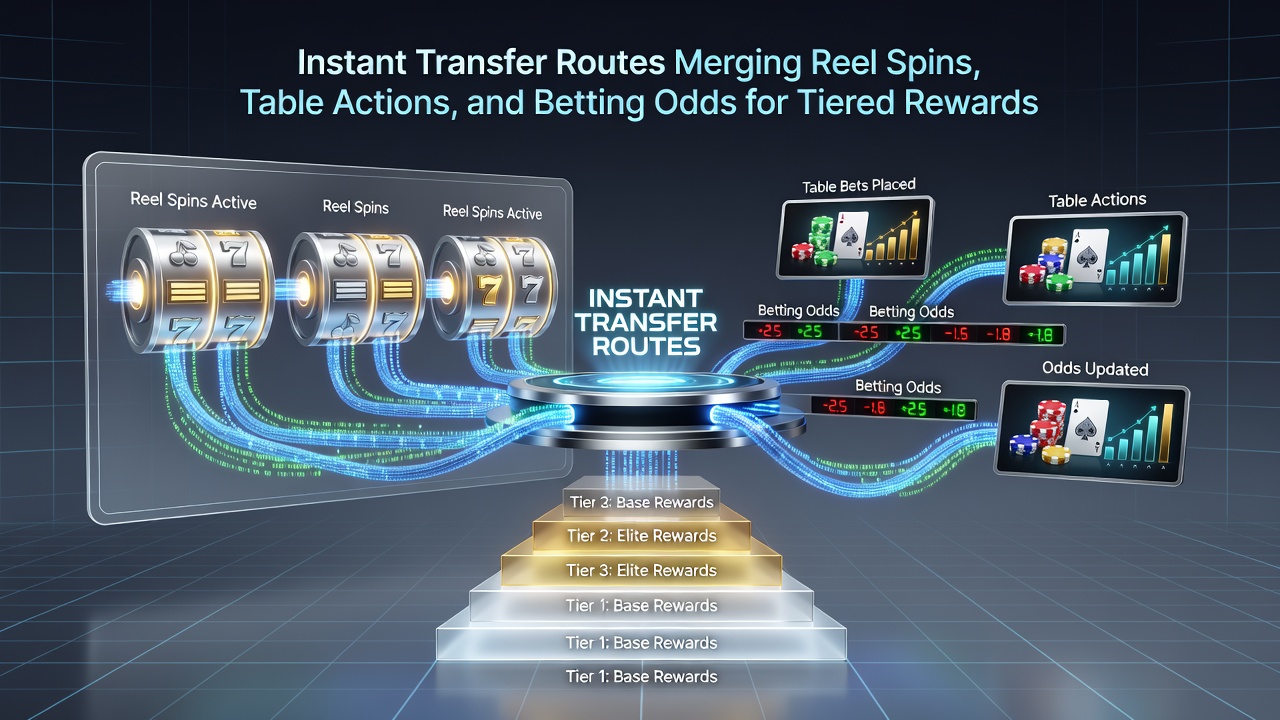 Mobile screen capture of a casino app displaying merged reel spins, table results, and betting odds feeding into a tiered rewards meter