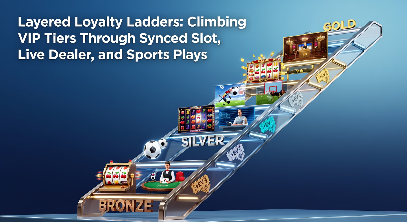 Visual representation of a multi-tier loyalty ladder integrating slot machines, live dealer tables, and sports betting interfaces, with ascending player levels highlighted in gold