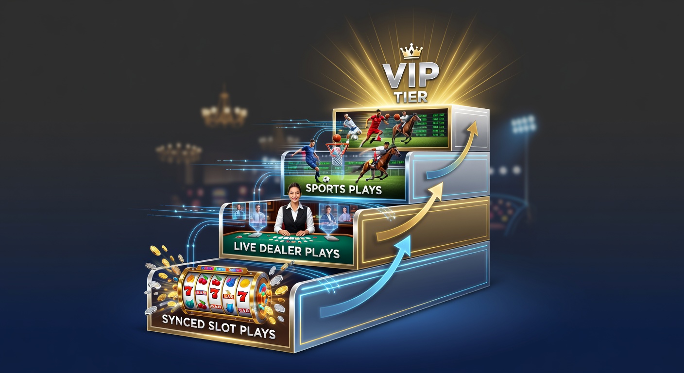 Dynamic graphic showing synced gameplay across slot reels spinning alongside live dealer roulette wheel and sports betting odds board, with loyalty points cascading upward