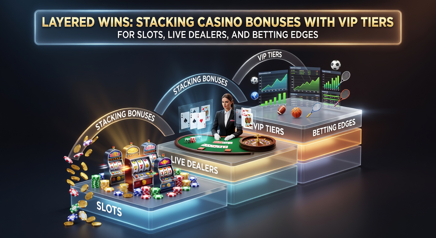Vibrant casino interface showing stacked bonus icons over VIP tier ladders, slots reels, live dealer tables, and sportsbook odds boards