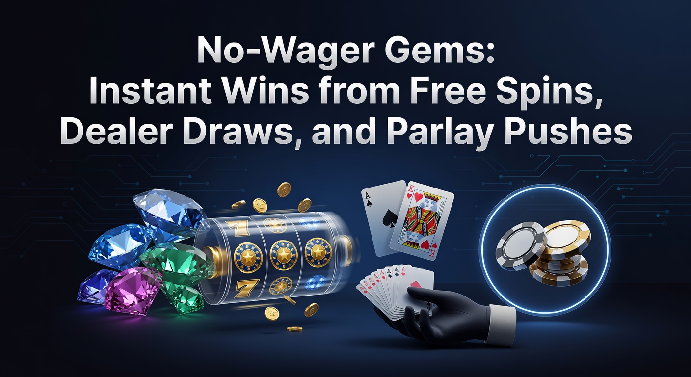 Vibrant slot reels spinning with glowing gems, alongside a live dealer card draw and a parlay bet slip showing instant push resolution, illustrating no-wager instant wins