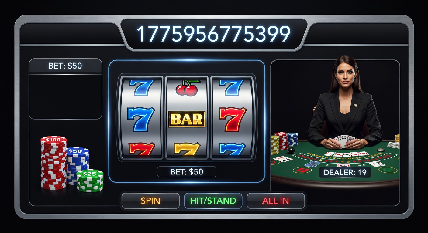 Dynamic digital casino scene with spinning slots, live roulette tables, and mobile betting interfaces glowing on screens