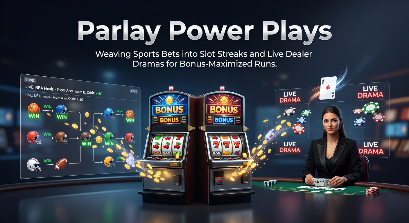 Dynamic display of a parlay bet ticket merging with spinning slot reels and a live dealer blackjack table, illustrating bonus integration strategies