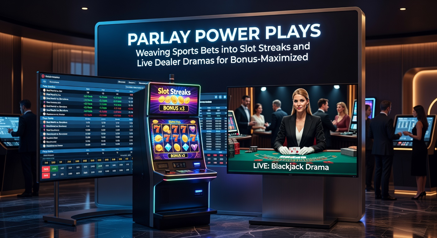 Live dealer roulette wheel spinning alongside a sports parlay app screen and cascading slot bonuses, capturing the high-energy blend of betting formats