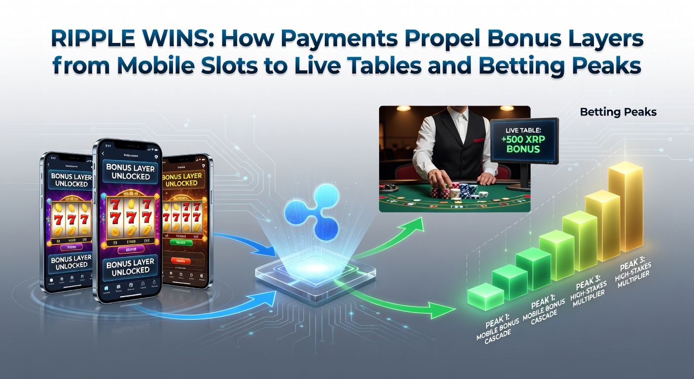 Illustration of cascading bonus layers flowing from slot machines through live tables to a sportsbook dashboard, powered by Ripple payment streams