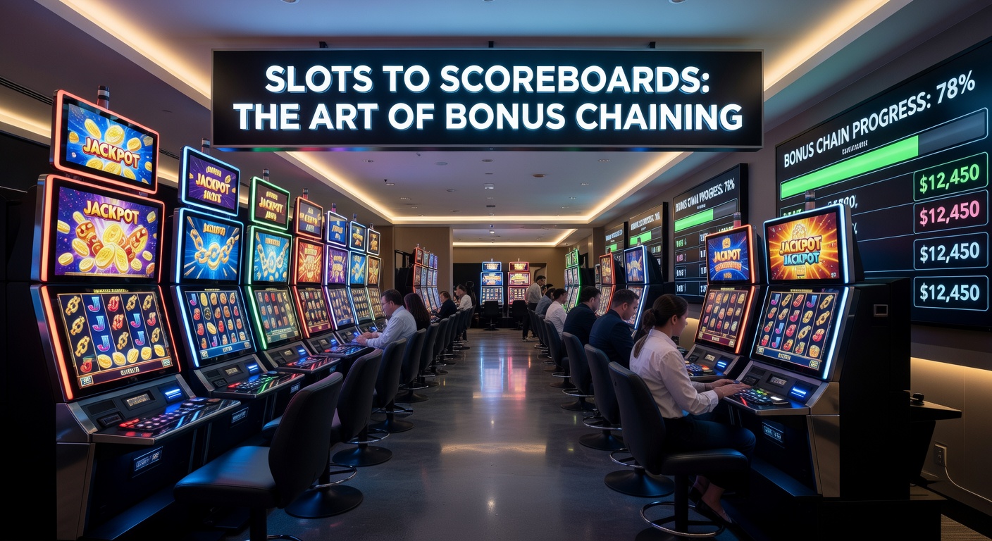 Dynamic graphic of bonus chains flowing from colorful slot reels through live tables to animated sports scoreboards with multiplier trails