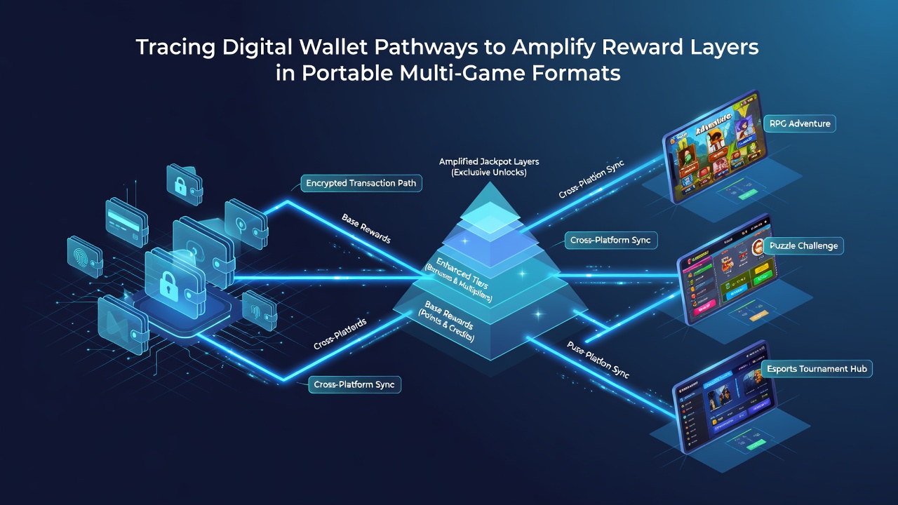 Mobile screen displaying layered rewards accumulating across slots, live tables, and sports betting via digital wallet