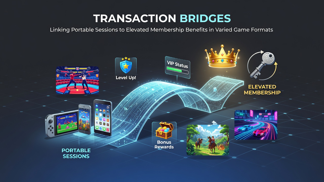 Diagram showing data flow from mobile sessions through transaction bridges to VIP membership tiers in multiple game categories