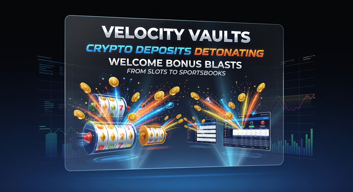 Animated graphic of crypto coins exploding into slot symbols, roulette wheels, and betting slips in a high-velocity vault environment