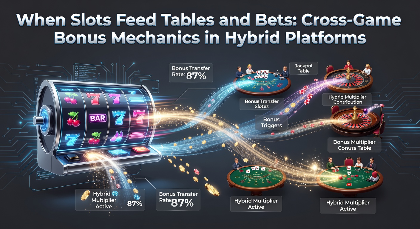 Animated graphic showing slot machine jackpot spilling over into live roulette table and sportsbook odds board, illustrating cross-game bonus flow