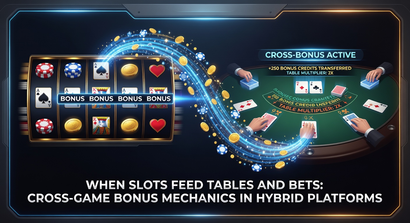 Screenshot of hybrid casino app dashboard displaying slot bonus meter overflowing into live dealer and sportsbook icons, with glowing transfer arrows connecting them